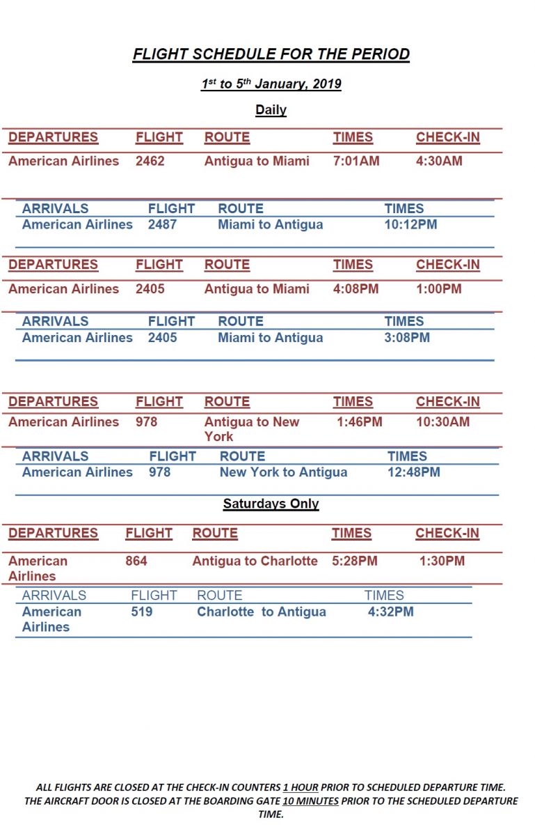 AA Flight Schedule: January March 2019